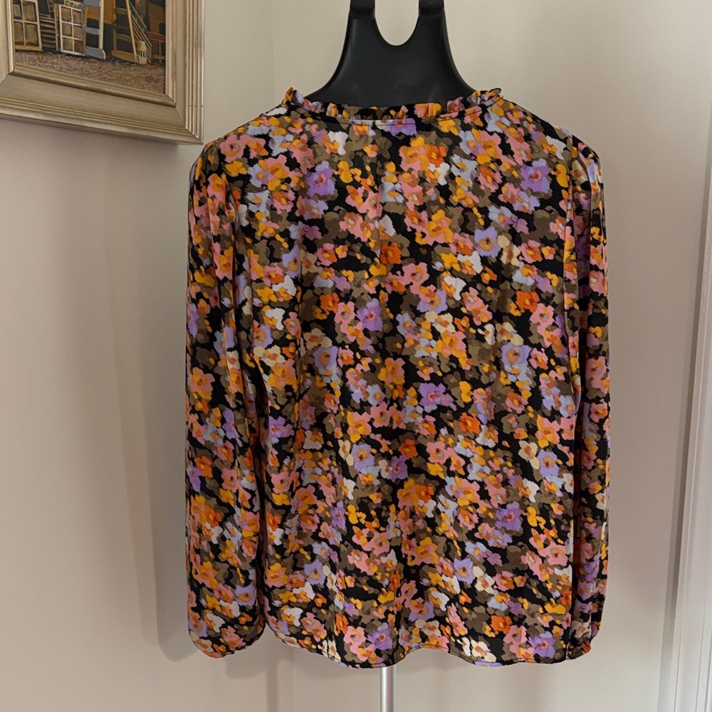 Dark Floral Long Sleeve Smocked Shoulder Flowy size L Boho Cottagecore Featival - Picture 3 of 5